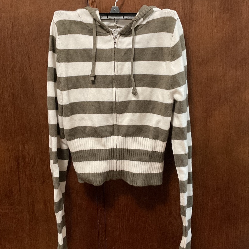Orange Kiss Striped Knit Zip-Up Hoodie Sweater - Olive Green & White size L